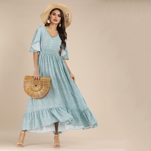 

Confetti Print Shirred Waist Ruffle Hem Dress