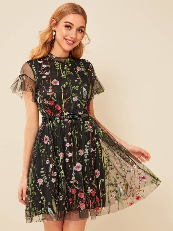Embroidery Mesh Overlay Belted Dress, Black, Mary B