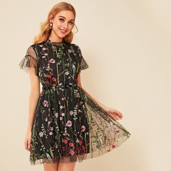 

Embroidery Mesh Overlay Belted Dress, Black