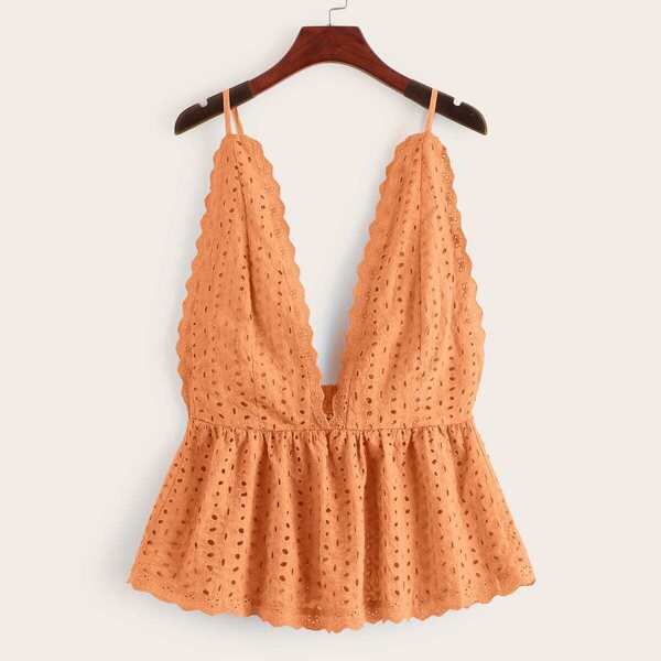 

Eyelet Embroidery Ruffle Hem Cami Top, Orange
