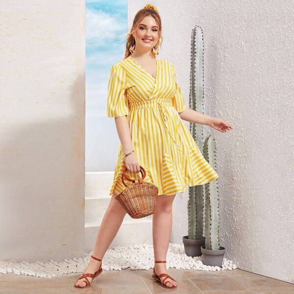 

Plus V-neck Striped Shirred Knot Dress