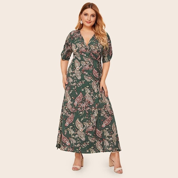 

Plus V-neck Floral Print Side Slit Dress, Multicolor