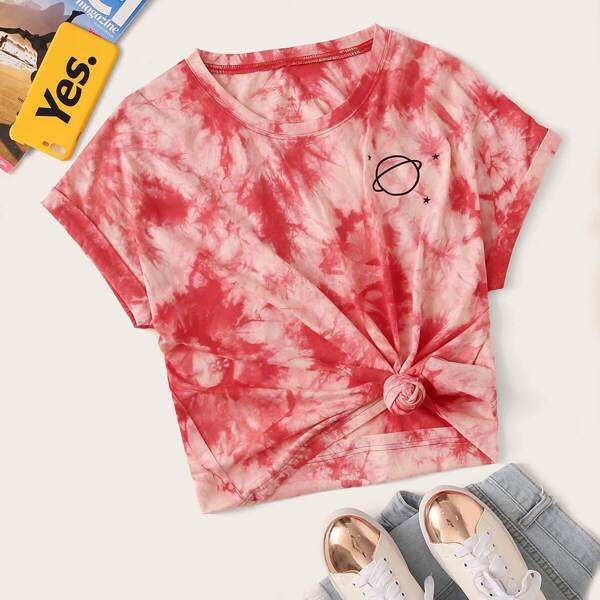 

Plus Galaxy Print Tie Die Roll Up Sleeve Tee, Red