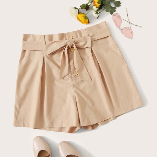 

Plus Solid Button Front Belted Shorts