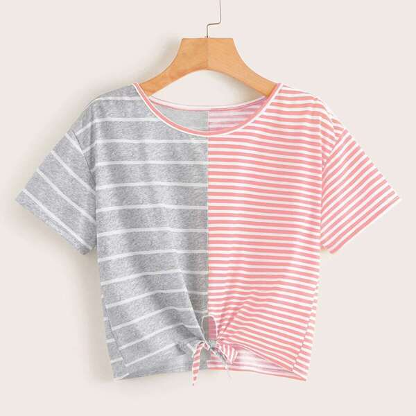 

Two Tone Knot Hem Striped Top