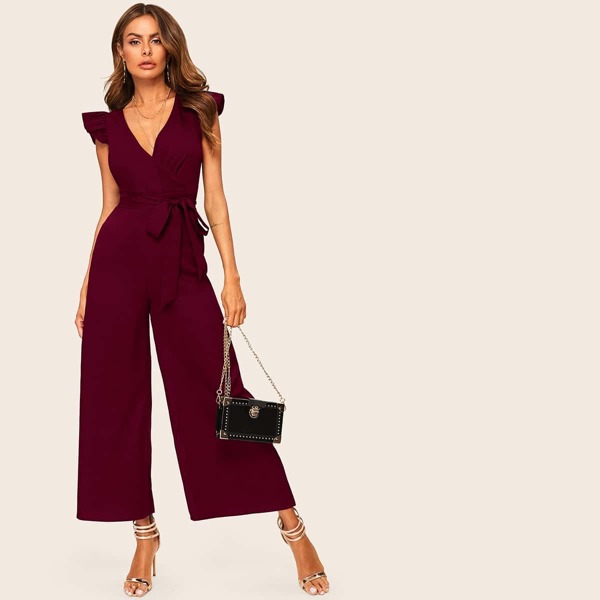 

Surplice Neck Ruffle Cuff Self Belted Wide Leg Jumpsuit, Burgundy