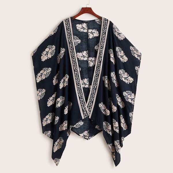 

Floral Print Batwing Sleeve Asymmetrical Hem Kimono