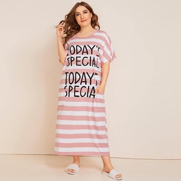 

Plus Slogan Print Patch Pocket Striped Nightdress