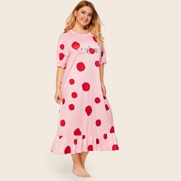 

Plus Drop Shoulder Ruffle Trim Letter Print Nightdress, Pink