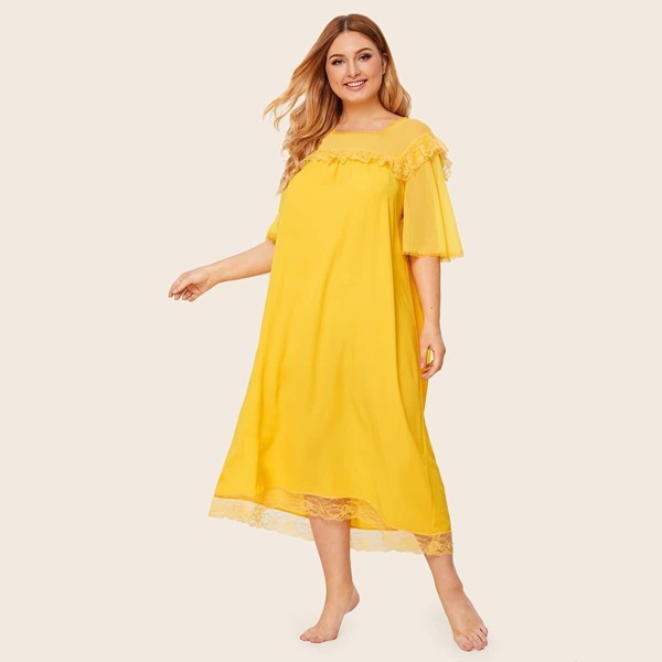 

Plus Lace Trim Mesh Shoulder Smock Night Dress