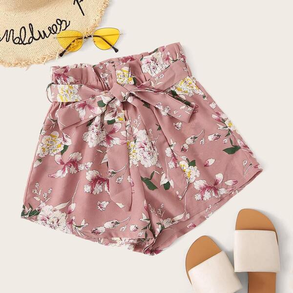 

Floral Print Paperbag Waist Self Belted Shorts, Pink