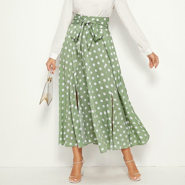 

Polka-dot Print Slit Hem Belted Flare Skirt