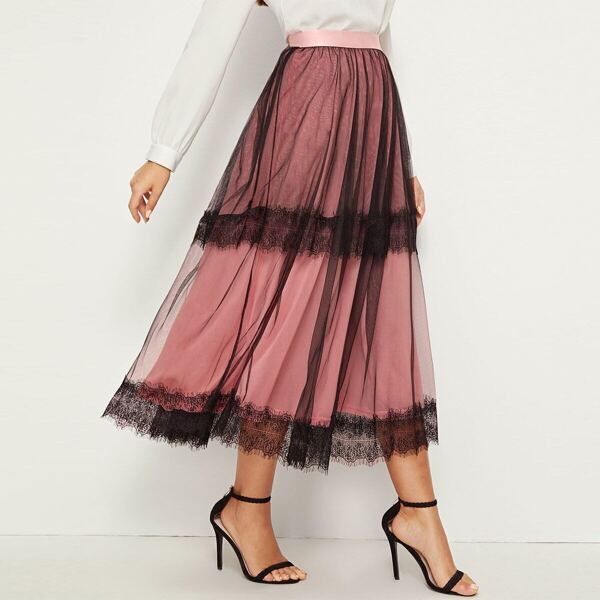 

Elastic Waist Lace Detail Mesh Overlay Skirt, Pink