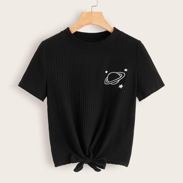 

Tie Front Rib-knit Embroidered Detail Tee
