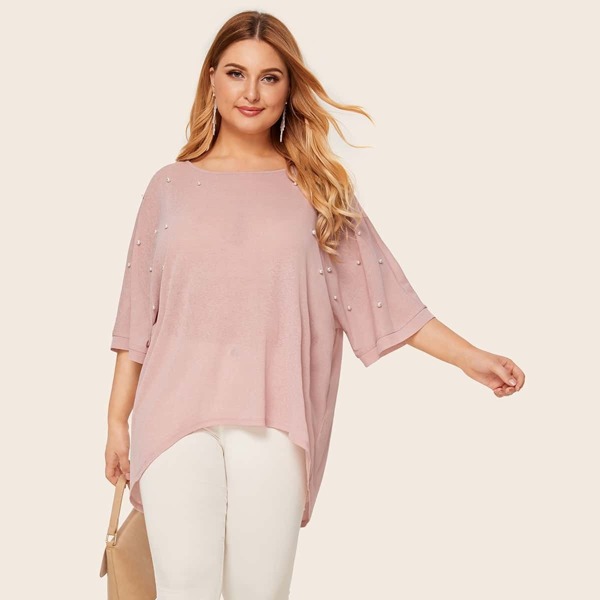 

Plus Pearls Detail High-low Hem Top, Pink