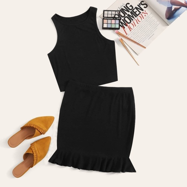 

Rib-knit Tank Crop Top & Ruffle Hem Skirt Set