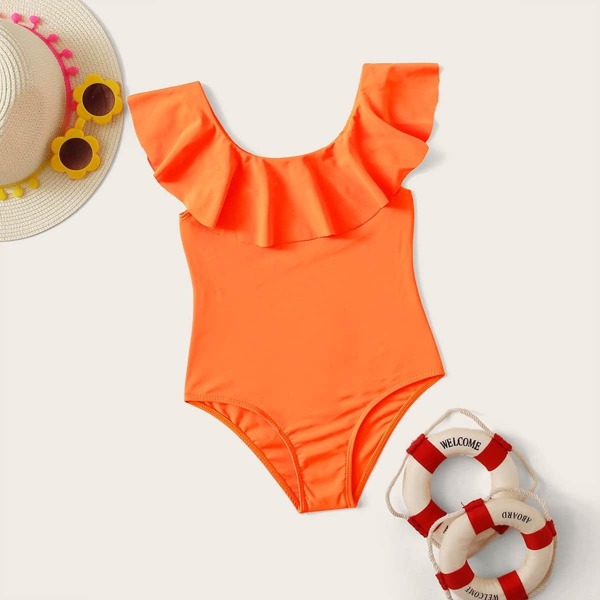 

Girls Ruffle One Piece Swimwear, Orange bright