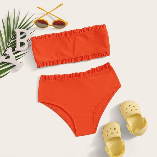 

Girls Frill Trim Bandeau With High Waist Bikini Set, Orange bright