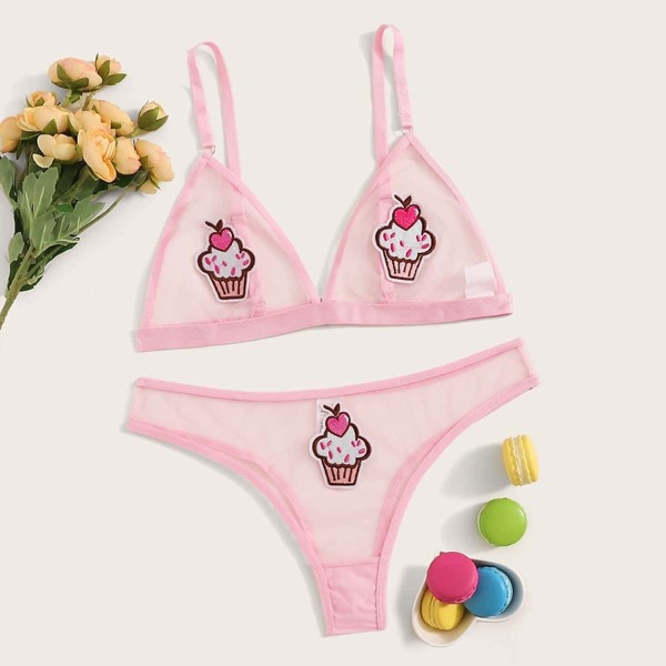 

Plus Cartoon Appliques Sheer Mesh Lingerie Set