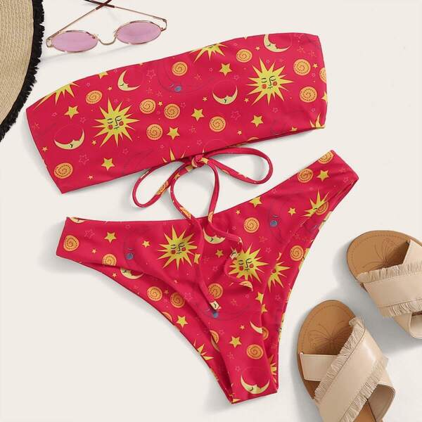 

Cartoon Print Lace Up Back Bandeau Bikini Set