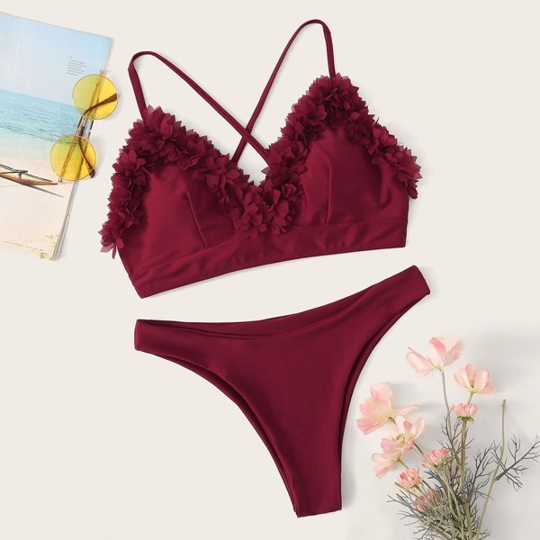 

Appliques Trim Lace Up Back Bikini Set