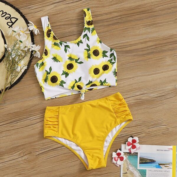 

Sunflower Print Knot Top With Ruched Bikini Set