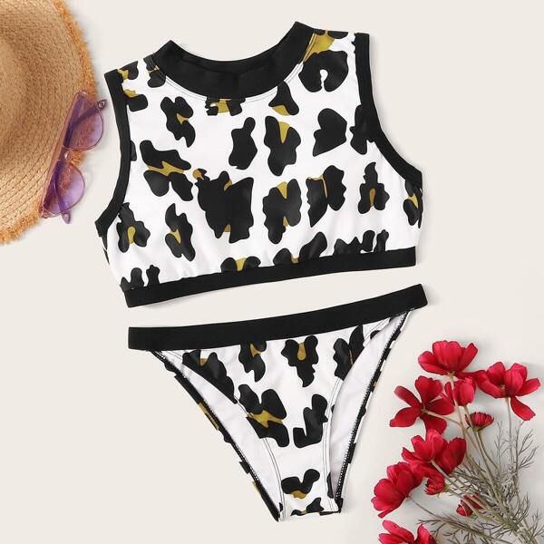 

Leopard High Neck Top With Cheeky Bikini Set