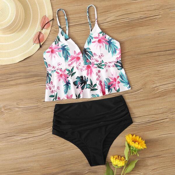 

Floral Ruffle Hem Top With Ruched Tankini