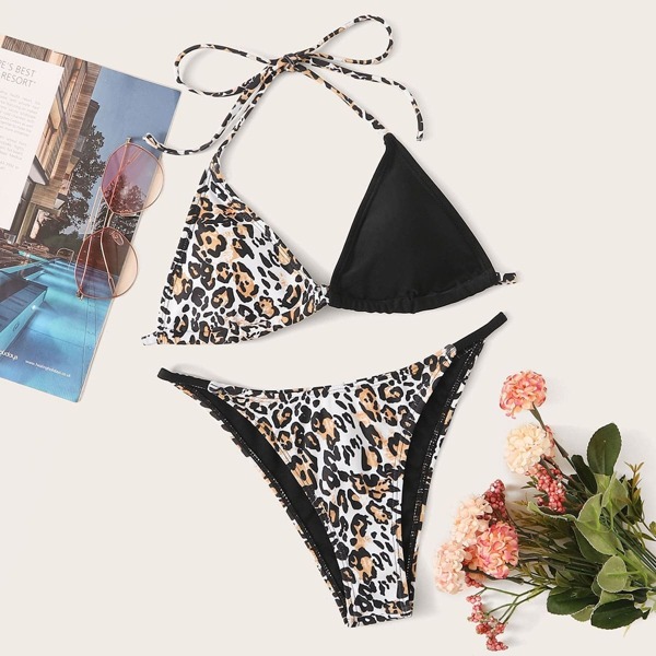 

Contrast Leopard Halter Top With Tanga Bikini Set