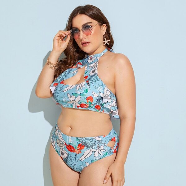 

Plus Floral Cut Out Halter Bikini Set, Multicolor