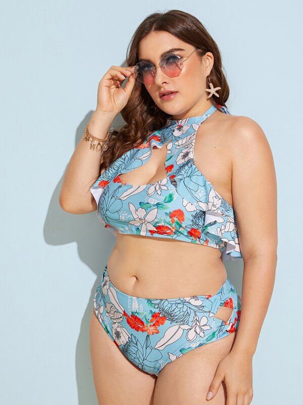 

Plus Floral Cut Out Halter Bikini Set, Multicolor, Franziska