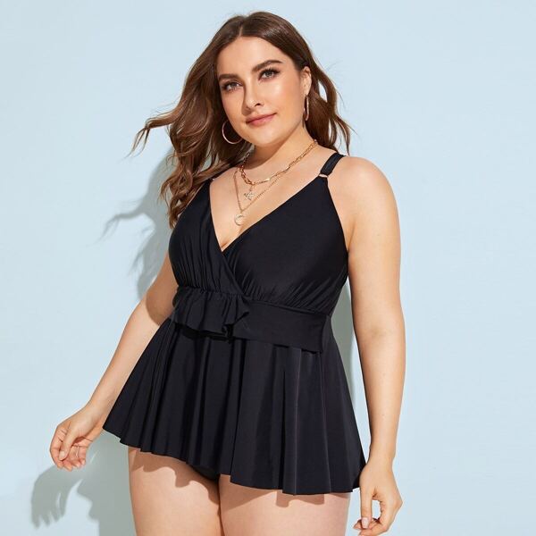

Plus Peplum Ruched One Piece Swimwear, Black