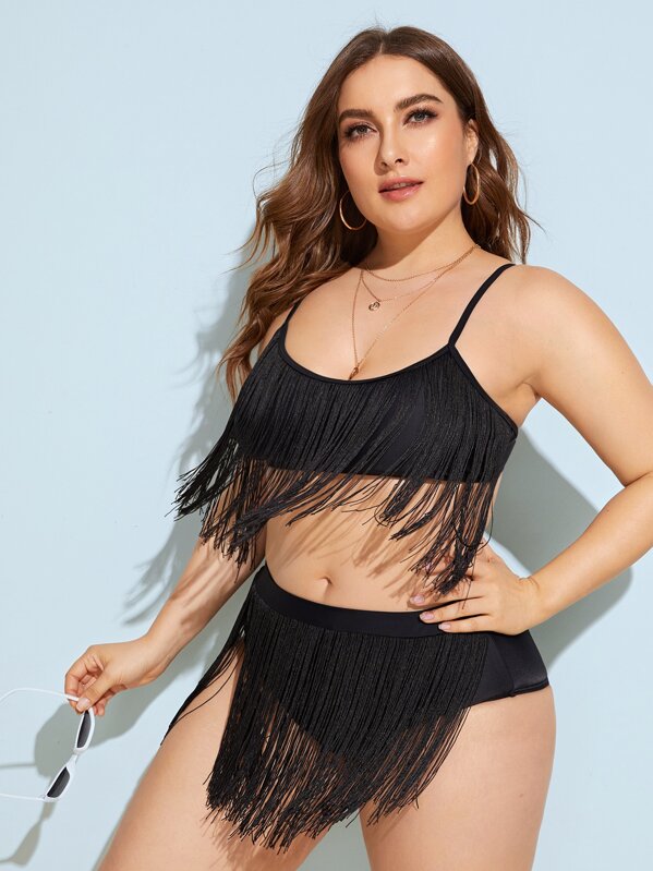 

Plus Fringe Trim Bikini Set, Black, Franziska
