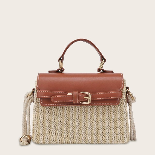 

Color Block Woven Panel Satchel Bag, Brown
