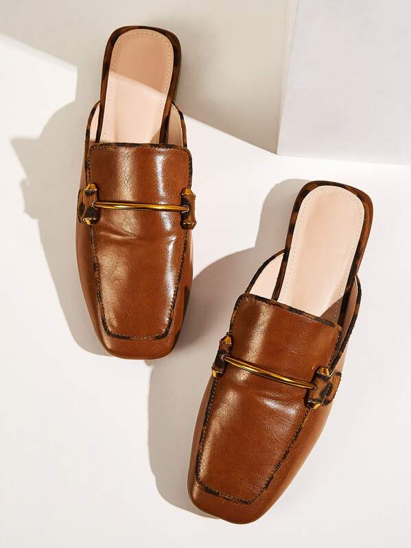 

Metal Decor Square Toe Flat Mules, Brown