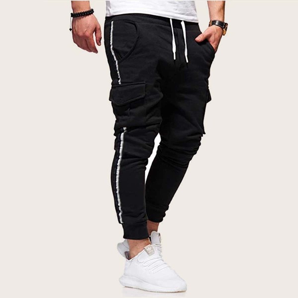 

Men Side Tape Drawstring Waist Pocket Sweatpants, Black