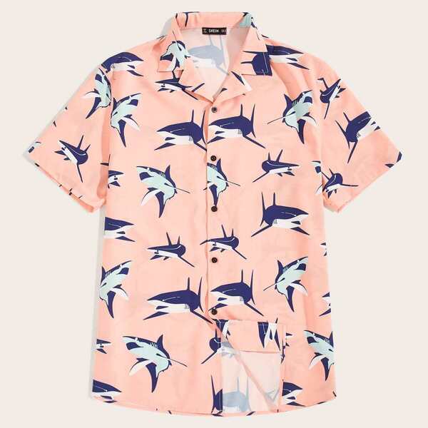 

Men Revere Collar Shark Print Shirt