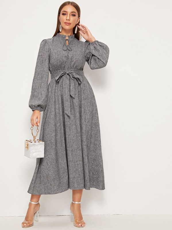 

Frill Trim Tie Neck Lantern Sleeve Dress, Grey, Hanna