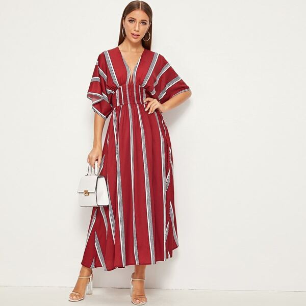 

Plunging Neck Wide Waistband Batwing Sleeve Striped Dress, Burgundy