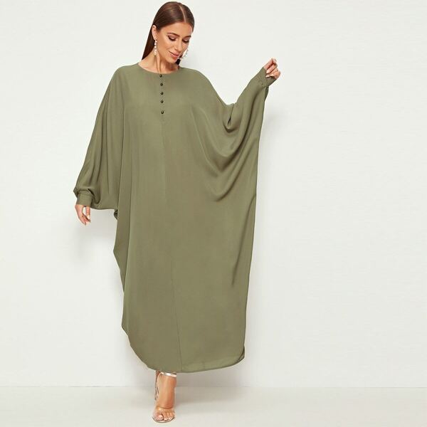 

Button Detail Batwing Sleeve Cocoon Dress, Army green