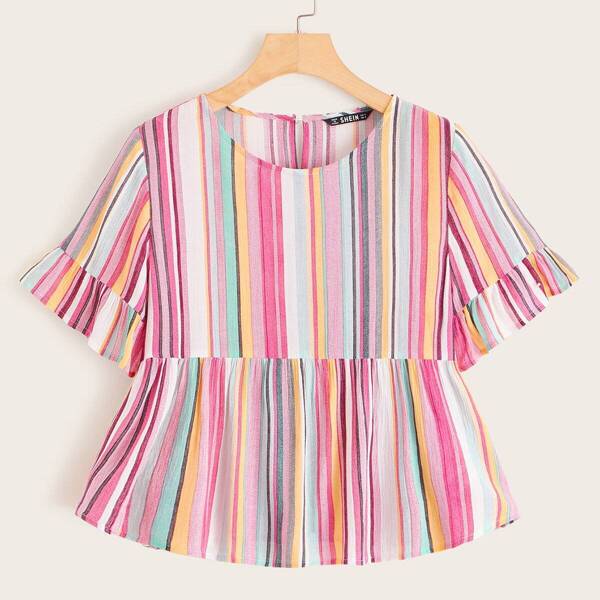 

Flounce Sleeve Striped Smock Top, Multicolor