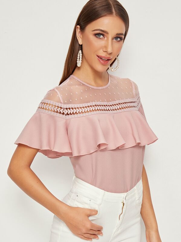 

Lace Yoke Ruffle Trim Top, Pink, Hanna