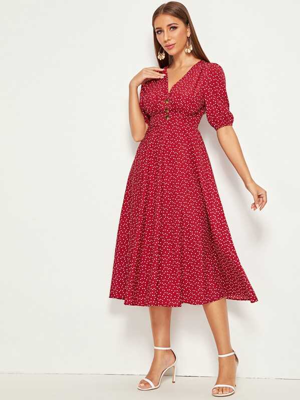 

Confetti Heart Print Button Detail Fit & Flare Dress, Burgundy, Hanna