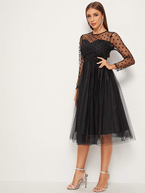

Sweetheart Neck Fit & Flare Mesh Overlay Dress, Black, Hanna