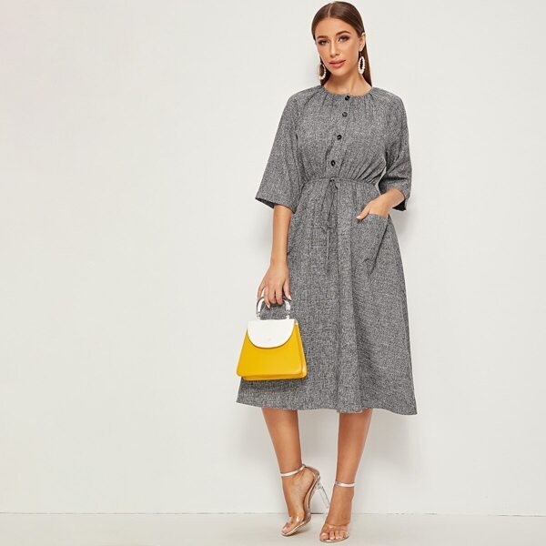

Button Half Placket Drawstring Waist Pocket Front Dress