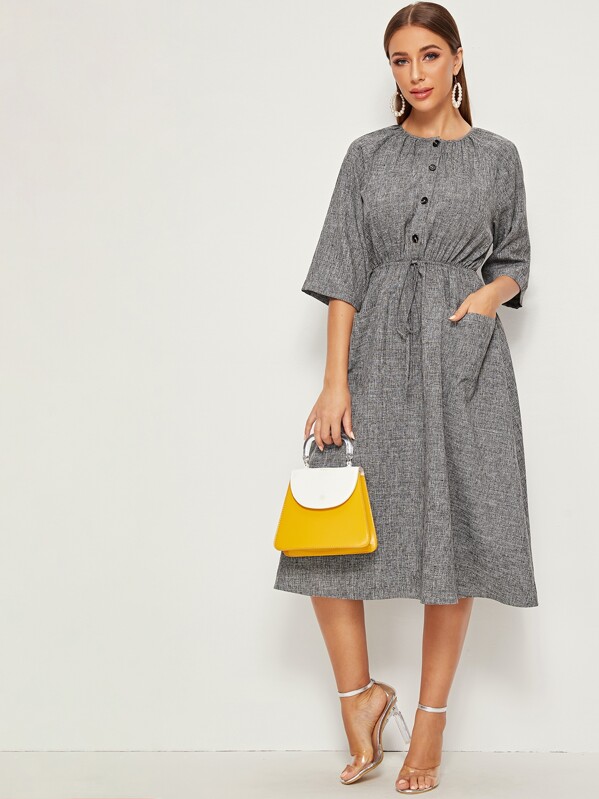 

Button Half Placket Drawstring Waist Pocket Front Dress, Grey, Hanna