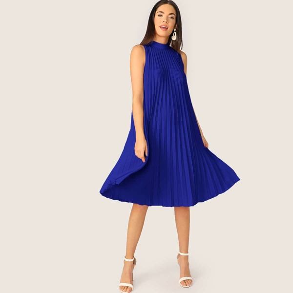 

Tie Back Pleated Solid Dress, Royal blue
