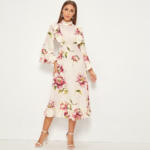 

Floral Print Ruffle Trim Fit & Flare Dress, Beige