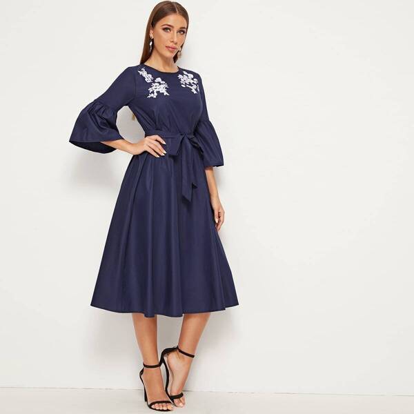 

Embroidered Detail Bell Sleeve Self Belted Dress, Navy