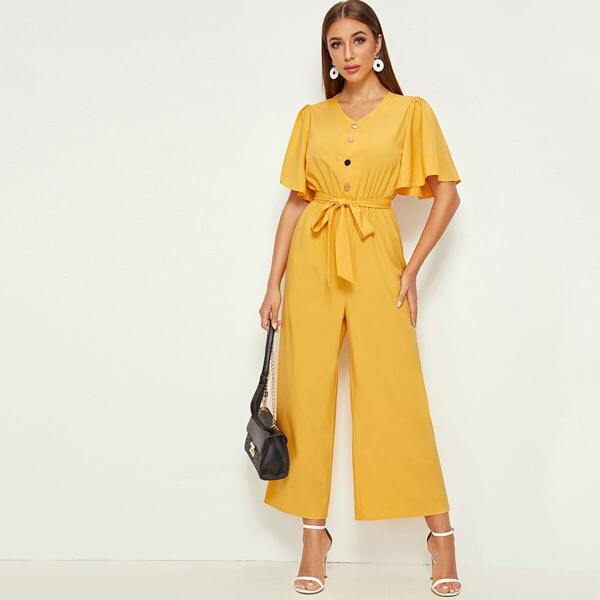 

Button Half Placket Flutter Sleeve Wide Leg Jumpsuit, Yellow